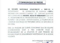 Perturbation de la fourniture d’électricité à Kinshasa : la SNEL évoque une panne technique à Masina